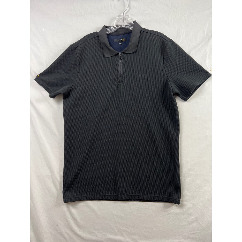 Tahari Polo Shirt Mens Large Black Textured Quarter Zip Short Sleeve Athleisure